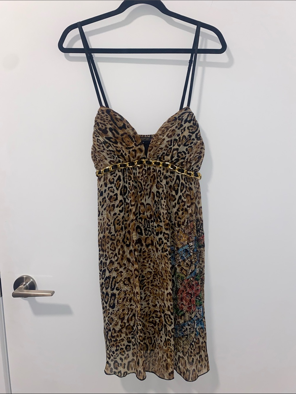 Vintage Y2K Ed Hardy Leopard Print Mini Dress with Gold Accent